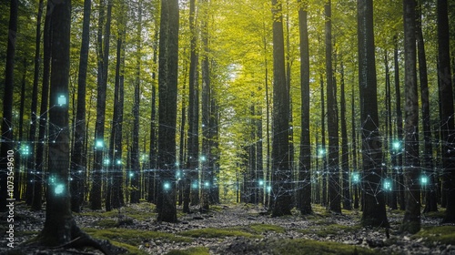 A network of glowing lines and nodes superimposed over a lush forest, suggesting a connection between nature and technology.