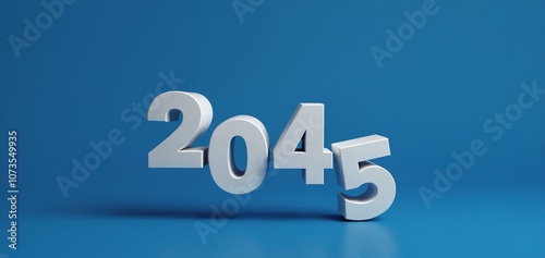 3D representation of the year 2045 with bold numbers against a bright blue background, illustrating concepts of time and progression