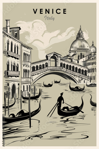 Venice, Italy travel destination poster in retro style. Vector monochrome illustration, ink sketch drawing, litography style.