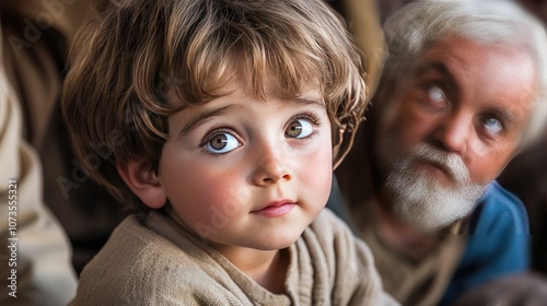 Jesus as a young boy, teaching in the temple with elders listening, showing the wisdom and humility of his early years.