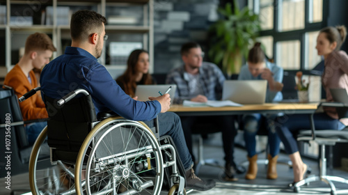 Businessman in a wheelchair. A person with disabilities is engaged in business, his own business.