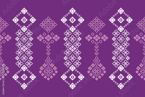 Ethnic traditional motifs ikat geometric fabric pattern cross stitch.Ikat embroidery Ethnic oriental Pixel violet purple background.Abstract,vector,illustration. Texture,decoration,wallpaper.