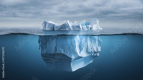  iceberg floating in a vast, calm ocean, with a portion visible above the waterline and a much larger portion submerged below, hardwork, risk, sucess concept.