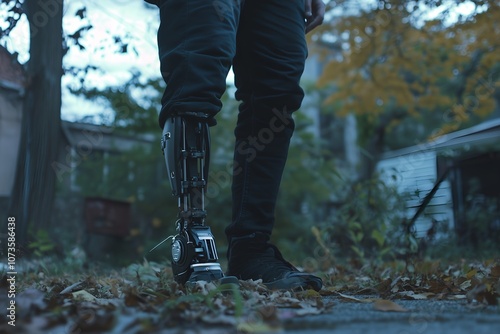 Man with robotic prosthetic leg. Technology. 