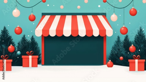 Storefront with Holiday Bargain Bonanza banner, decorated with holiday lights and ornaments, Storefront with holiday bargain bonanza banner, Inviting and festive