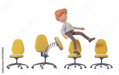 Cartoon character ejected from a spring-loaded office chair among three others on a white background. Concept of unexpected situations. 3D Rendering