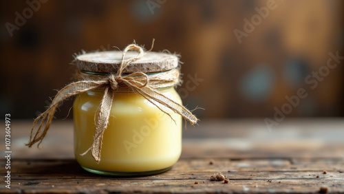 A jar of beef tallow sitting on a wooden surface.