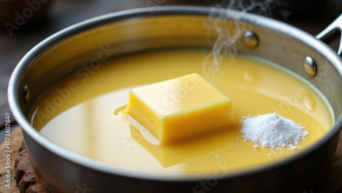 A close-up photo of a pot with melted yellow liquid, likely butter or beef tallow, on a stovetop with steam rising.