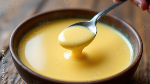 A close-up photo of a spoon with melted butter being drizzled into a bowl of food, likely containing beef tallow.