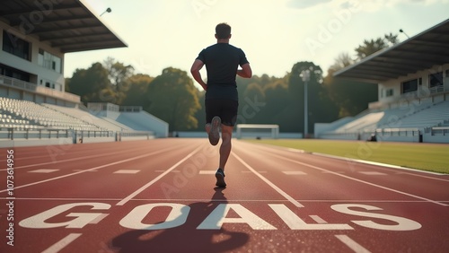 Runner on track with "Goals" text painted on ground, empty stadium in background, during sunrise. Fitness and achievement concept. Motivational photography for sports banner and poster design.