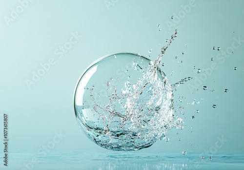 Water Bubble Bursting with Splash on Blue Background