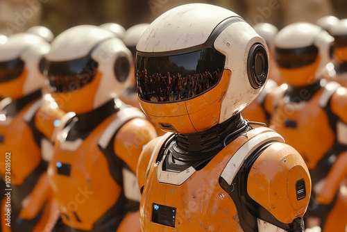 A line of futuristic robots with white helmets and orange suits stand in formation.