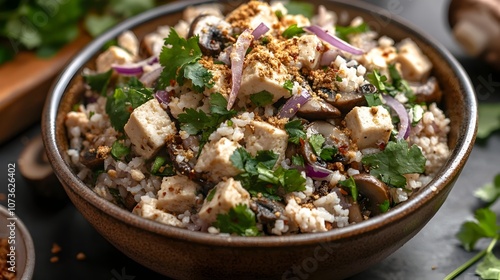 Delicious and Nutritious Vegan Larb Dish Made with Sauted Tofu Mushrooms Toasted Rice Powder Red Onions and Fresh Aromatic Herbs Served in a Bowl