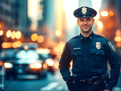 Police officer, confident male officer standing in city street during evening with blurred traffic lights in the background