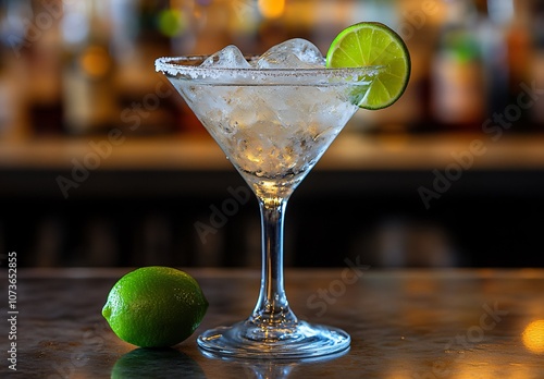 Close-up of a Martini Glass with Ice and Lime