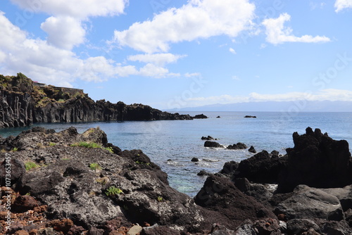 Velas. Azores, Portugal. 04-09-2024. The sea near the Piscinas Naturais da Preguiça, on the south side of the island. These pools are formed by volcanic rocks.