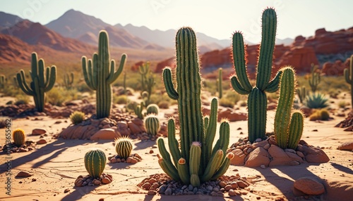 A bright clay desert where cactus plants wave happily and rocks form goofy smiles under a warm sun, Generative AI