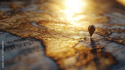 A map with a pin marking a specific location, illuminated by warm, golden sunlight.