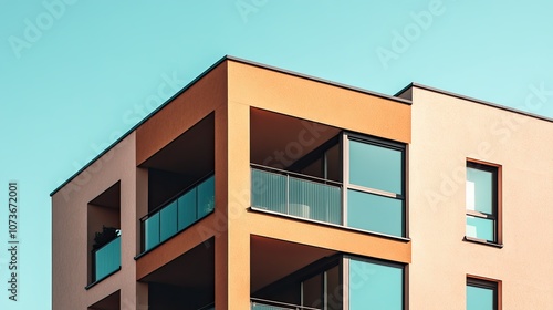 Residential building with balconies and clear blue sky in the background. Modern architecture design. Illustration for banner, poster, cover, brochure or presentation.