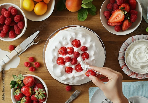 Overhead View of Decorating Meringue Cake with Strawberries and Raspberries