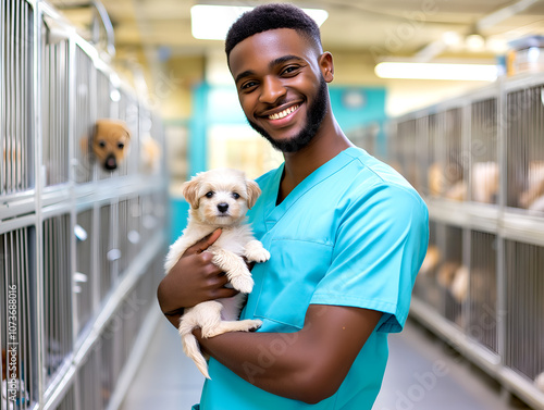 Smiling young veterinarian in scrubs holding a cute puppy in a veterinary clinic with kennels in the background