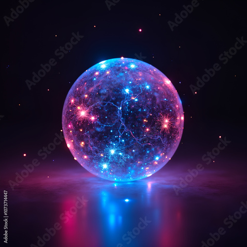 A luminous sphere, pulsating with vibrant pink and blue light, rests on a reflective surface.