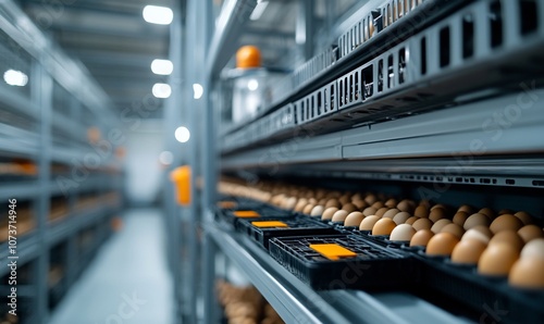 Fresh eggs in crates on shelves in an industrial setting.