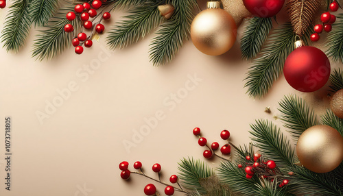  Christmas sale template featuring fir branches, golden ornaments, and red berries on a neut_1(380)