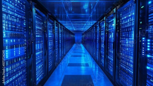 Futuristic Tunnel of Illuminated Data Servers in Hi Tech Digital Datacenter