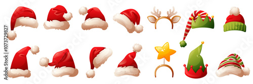 Big set of different red Christmas Santa Claus hats. Caps with white fur and pompoms, striped green and red elf hats, headband with star and deer antlers. Vector hats for winter holiday decoration.