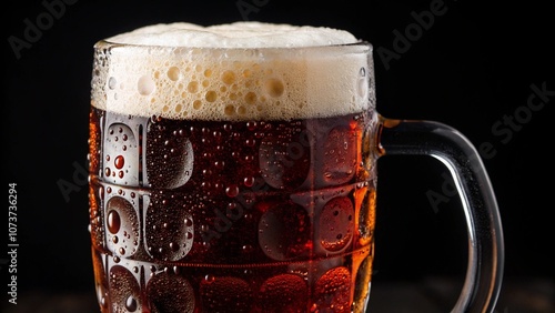 Close-up of a frothy mug of dark beer with condensation on the glass against a black background. The rich color and texture emphasize the depth and flavor of this craft beverage.