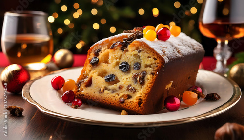  A slice of traditional English Christmas fruitcake is served as a rich and indulgent desser_1(234)