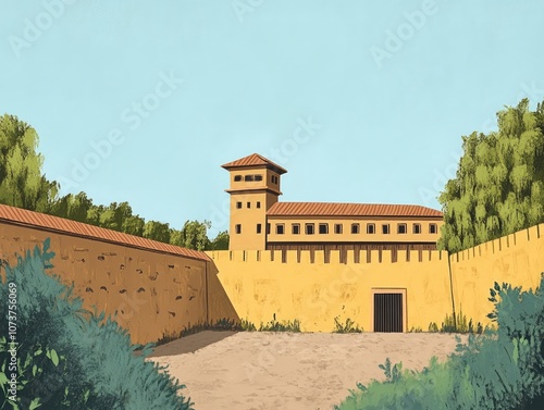 Exterior view of a historical prison known for holding a prominent political figure and Nobel Laureate highlighting its architectural features and surrounding environment