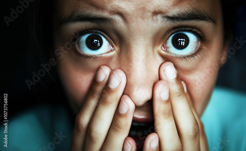 Frightened Girl Covering Mouth in Shock: Close-up of a young girl with wide eyes and hands covering her mouth, expressing fear and surprise.