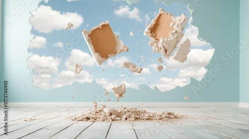 A wall is dramatically shattered open exposing a bright blue sky filled with fluffy clouds, blurring the lines between indoors and the vastness of nature's embrace.