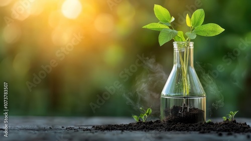 A vibrant green plant grows healthily inside a glass flask, representing the merging of scientific exploration, ecological balance, and innovation under warm light.