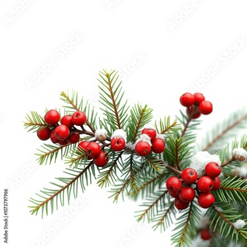 Christmas decoration, pine branches, red berries, holly, festive arrangement, white background, close-up, botanical illustration, holiday greenery, winter foliage, seasonal decor, vibrant colors, cris