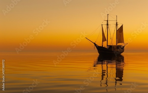 A lone sailing ship sails across the tranquil waters at dusk, casting a serene silhouette against the softly glowing sky.