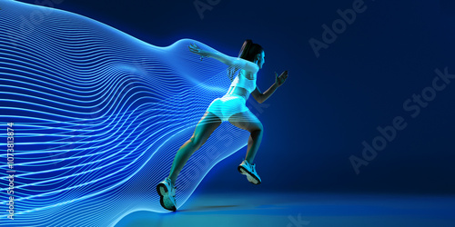 Back view of athletic young woman in white sportswear in motion, running against blue background with abstract futuristic neon wave elements. Concept of sport, competition. Banner, ad. Modern art