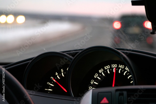 Close-Up of Car Speedometer With Blurred Road in Background. motion, speed, and travel on a highway, driving car, car dashboard