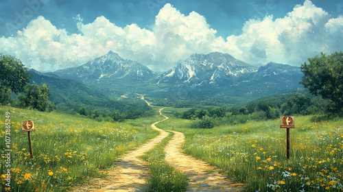 Symbolic Representation of Conflicting Ideas Along a Forked Road in a Tranquil Landscape