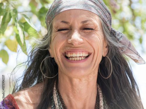 Mujer bohemia madura con los ojos cerrados, sonriendo ampliamente y disfrutando del día soleado 