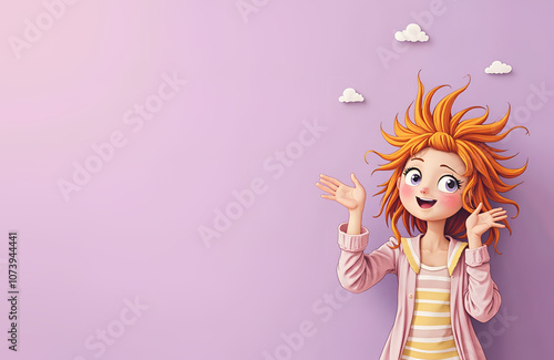 Cartoon character of a girl with mussed red hair, cheerfully greeting on a pink background