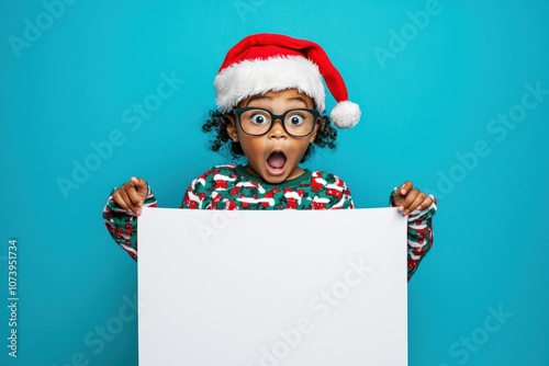 Excited young Black girl in a Santa hat and glasses holding a blank white board against a blue background. Ideal for customizable holiday messages, Christmas ads, promotions, and social media campaign