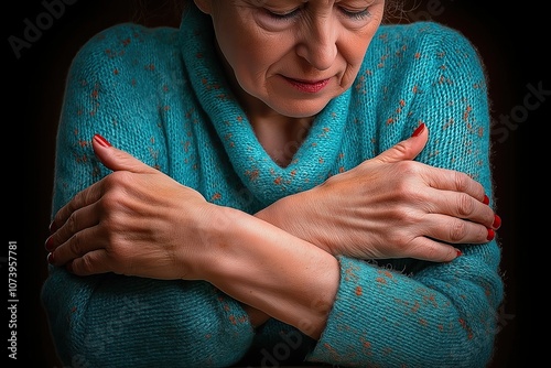 A woman with arthrosis cradles her arms while wearing a blue sweater