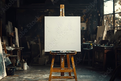 A large white canvas on an easel in the center of a dark art studio, surrounded by various painting supplies and canvases, creates a sense of creativity and inspiration.