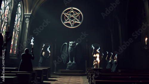 owl statue in dark satanic chapel with fanatics summoning demons