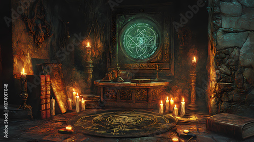 With esoteric symbols, glyphs, and secret tomes filled with arcane knowledge, this magical ritual chamber is dimly illuminated by the light of candles. Arcane. Illustration