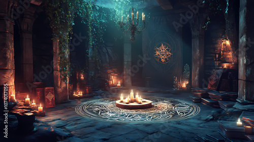 With esoteric symbols, glyphs, and secret tomes filled with arcane knowledge, this magical ritual chamber is dimly illuminated by the light of candles. Arcane. Illustration