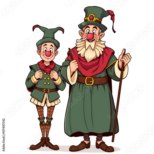 Medieval Characters Minstrel and Buffoon Isolated on White Background. Funny Carnival Show or Fairy Tale Personages, Ancient Fair Market Comic Persons, Cartoon Flat Vector Illustration, Line Art